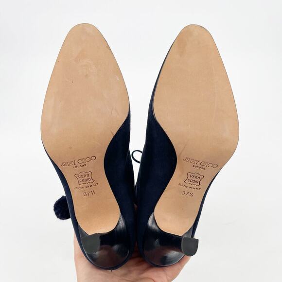Jimmy Choo Retro y2k Navy Blue Suede Pom Pom Tie Mid-Calf Heeled Boot IT 37.5 - Picture 11 of 12
